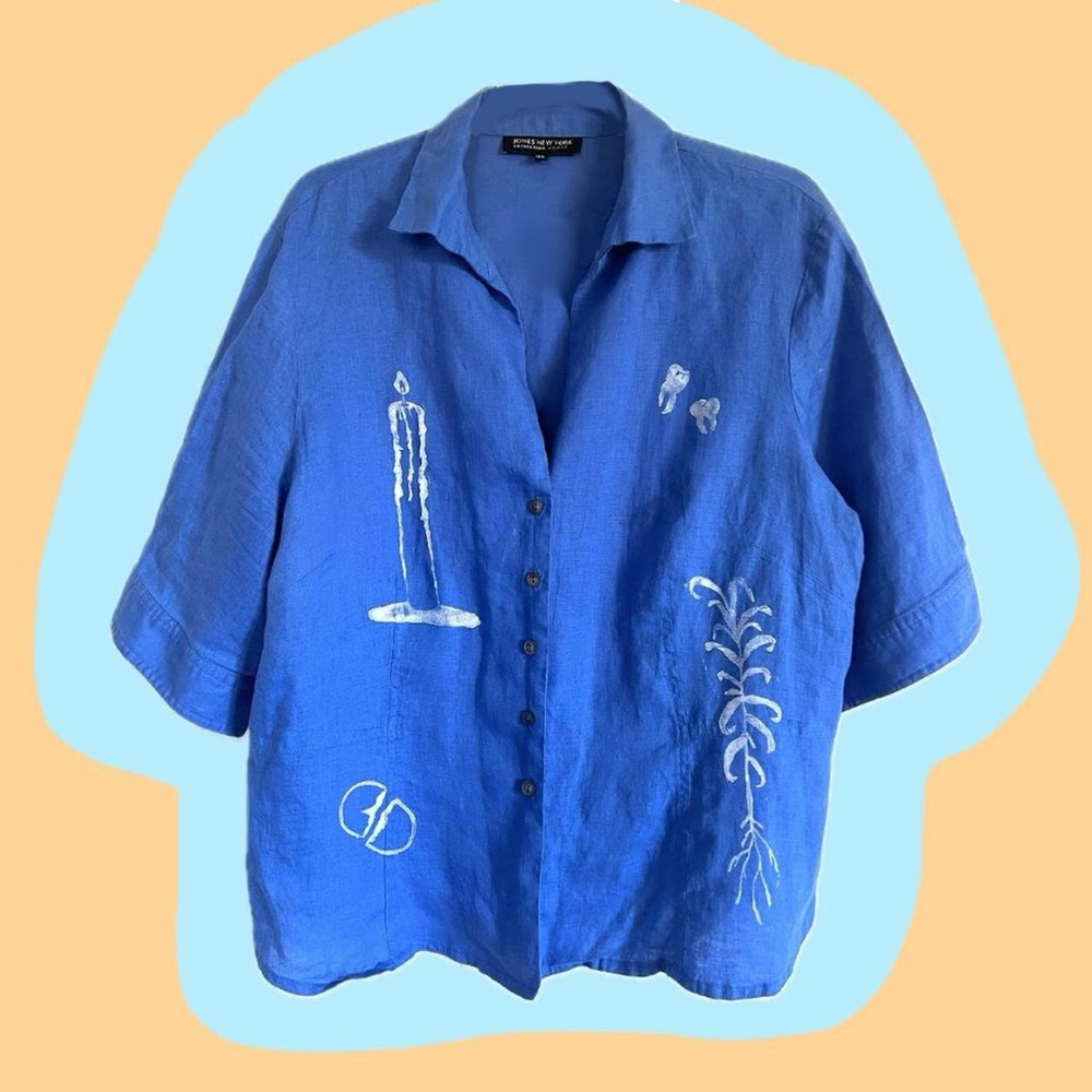 ✨One-of-a-kind✨ stamped with fabric paint on a thrifted linen blouse.